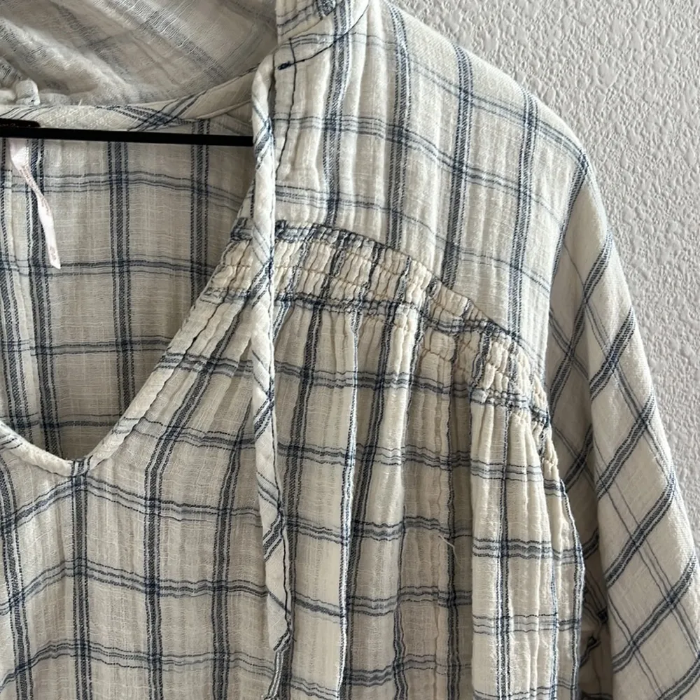 Free People Hooded Gauzy Oversized Sweatshirt Plaid Coastal Boho Layered XS - Image 3