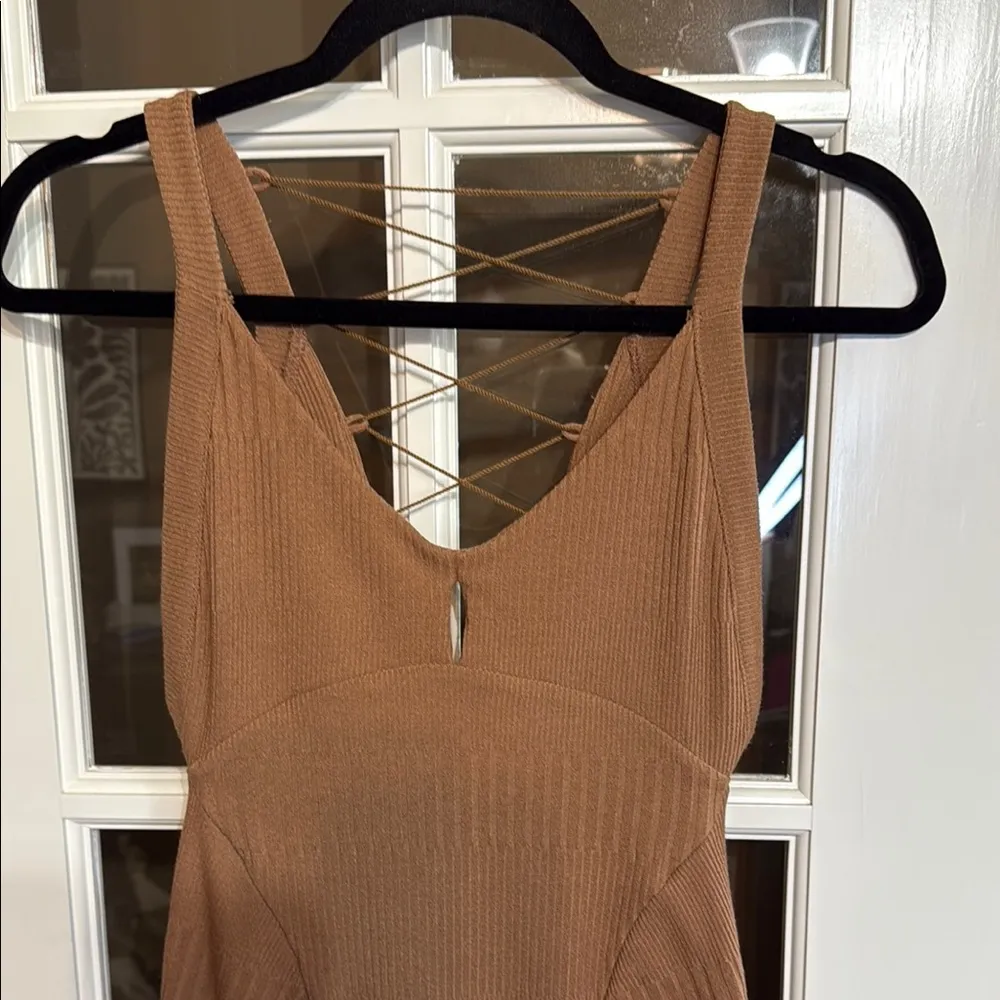 FREE PEOPLE Stretch Knit Ribbed Bodycon Lace-Up Back Mini in Tobacco Size XS - Image 3