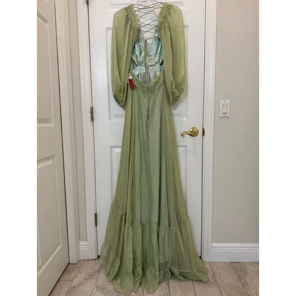 Mac Duggal 67948 Pleated Cut Out Long Sleeve Lace Up Tiered Gown Size 6 NWT - Image 9