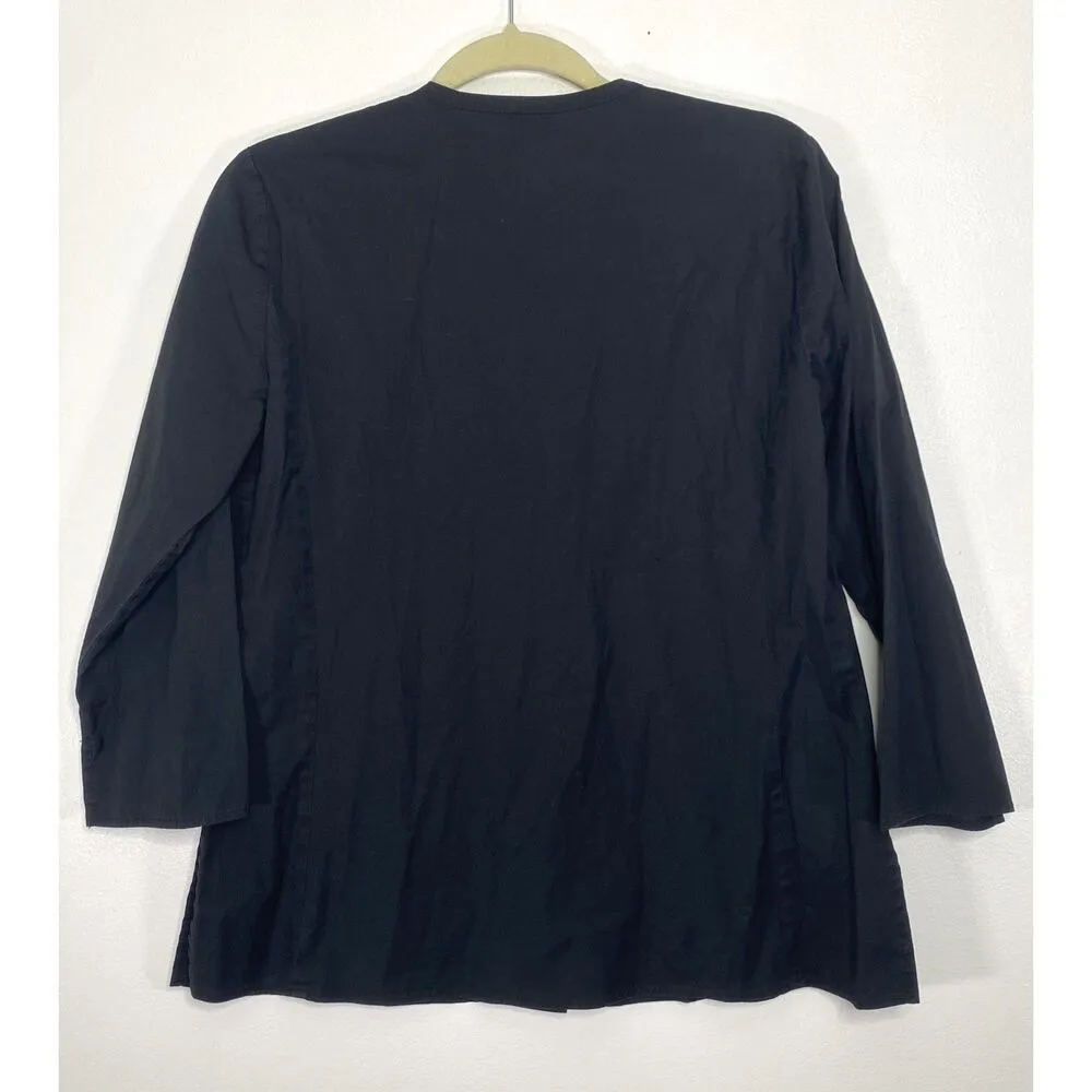 Eileen Fisher Black Button Down 3/4 Sleeve Cotton Spandex Minimalist Shirt Top M - Image 2