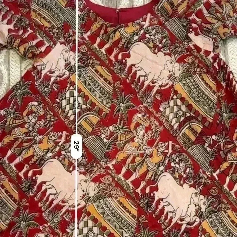 Indian Women Red Cow Floral Printed Round Neck Kurta Kurti Top Tunic Dress Small - Image 5