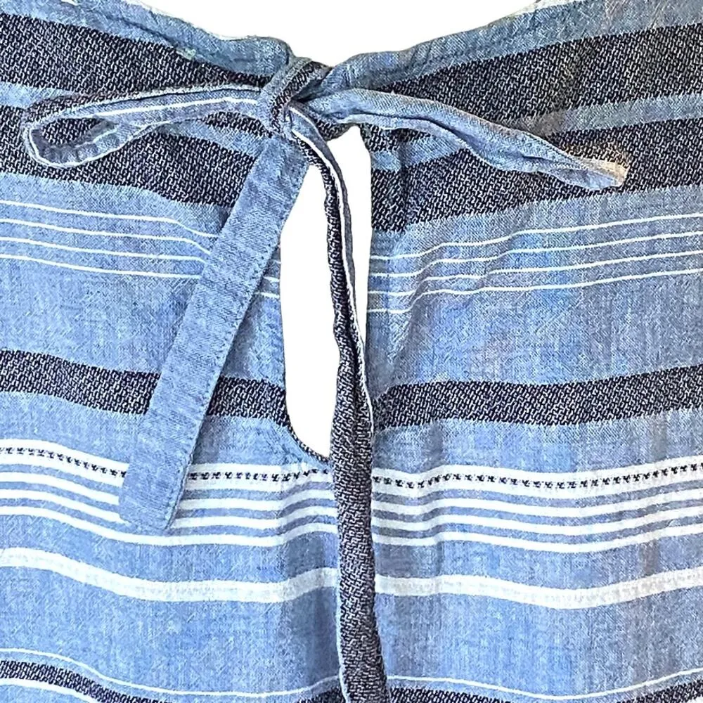 LOFT Blue Striped Linen Sleeveless Summer Tie Back Blouse Frayed Edge Top ~ L - Image 5