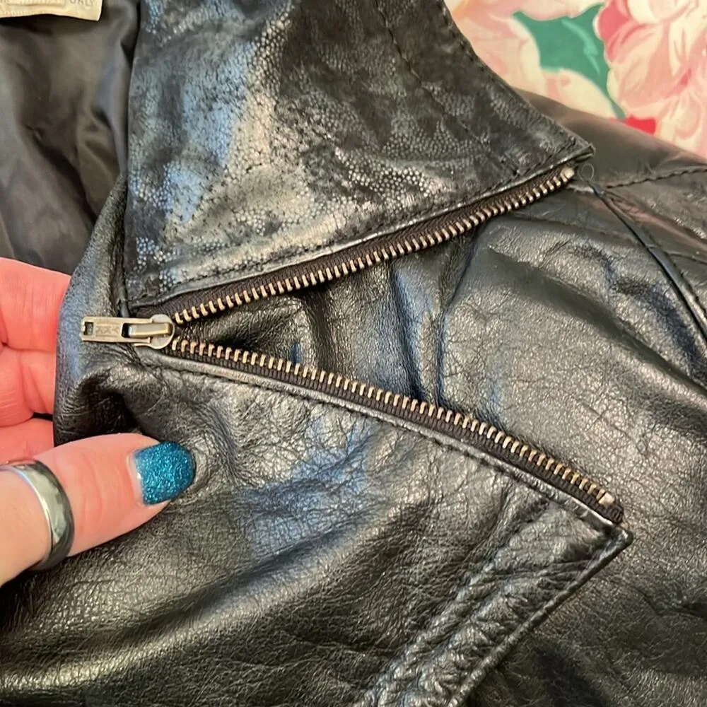 Vintage 80s Now Next genuine leather black Moto bomber batwing jacket SMALL - Image 6