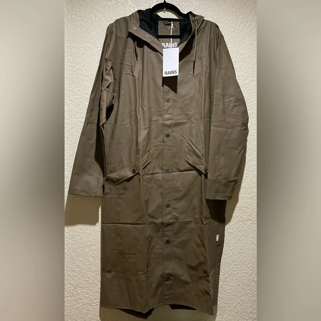 Rains NWT Women's Brown Wood Hooded Raincoat Longer Jacket Size L Size L - Image 4