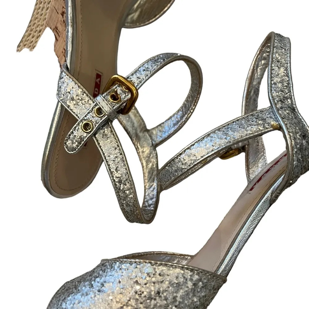 Prada Silver Glitter Cork Wedge Sandal, Sz 40 - Image 15