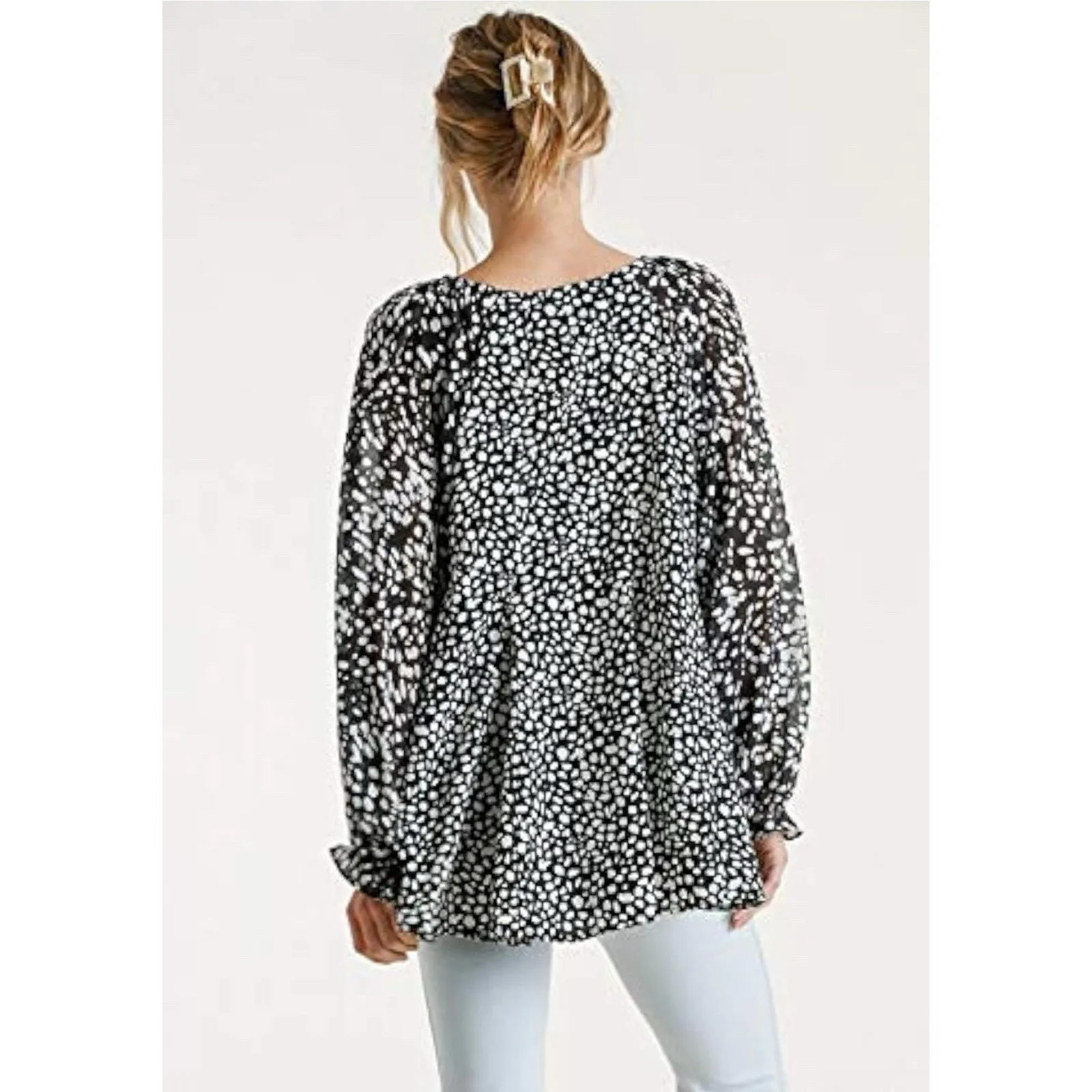 Umgee Women's Dalmation Print Balloon Ruffle SleeveTop Small - Image 3