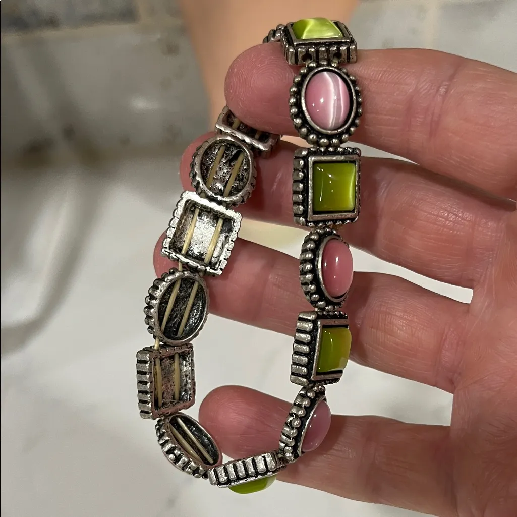 Pink and Green Stone Bracelet that Slips On - Image 3
