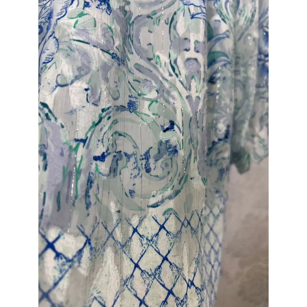 Chicos Tunic 3 XL White Blue Floral Silver Thread Sheer Burnout - Image 4