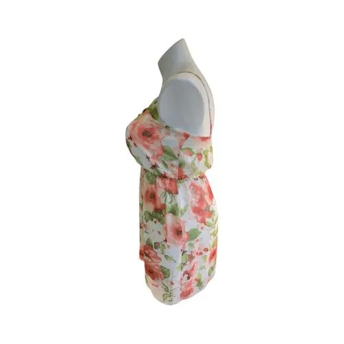 Soprano Floral Print Mini Dress Coral Roses White Spaghetti Strap L - Image 3