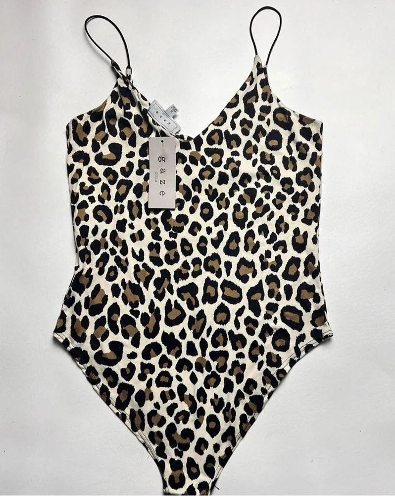 GAZE DTLA Women’s Animal Print Thin Strap Non Adjustable Strap Bodysuit Sz S Brown - Image 8