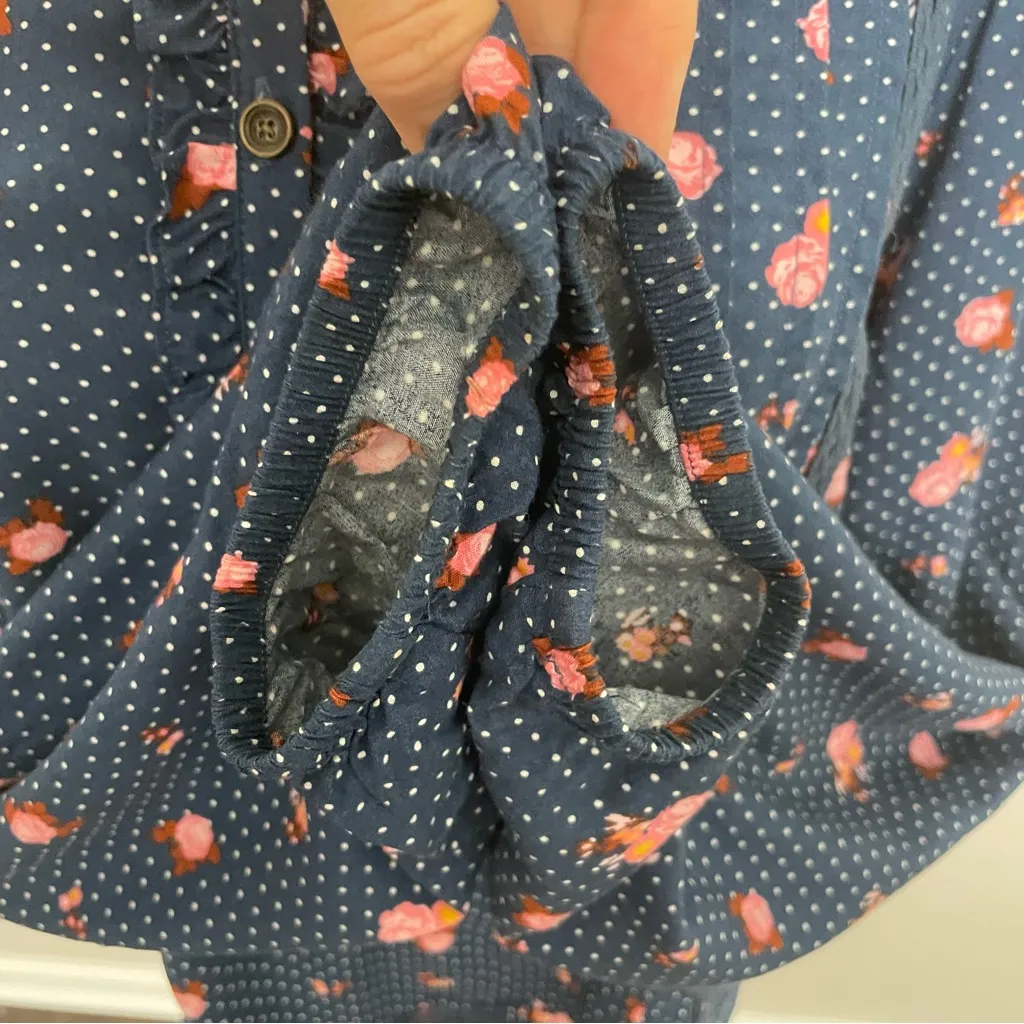 Matilda Jane Top Peplum Floral Polka Dot Ruffle Crocheted Trim Pleated Blue Pink - Image 5