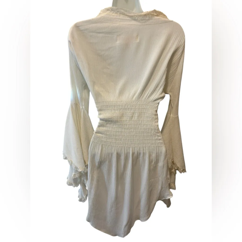 Eternal Love Long Bell Sleeve Ruffle Tunic Top Dress Ivory Sz S Smocked Front White - Image 3