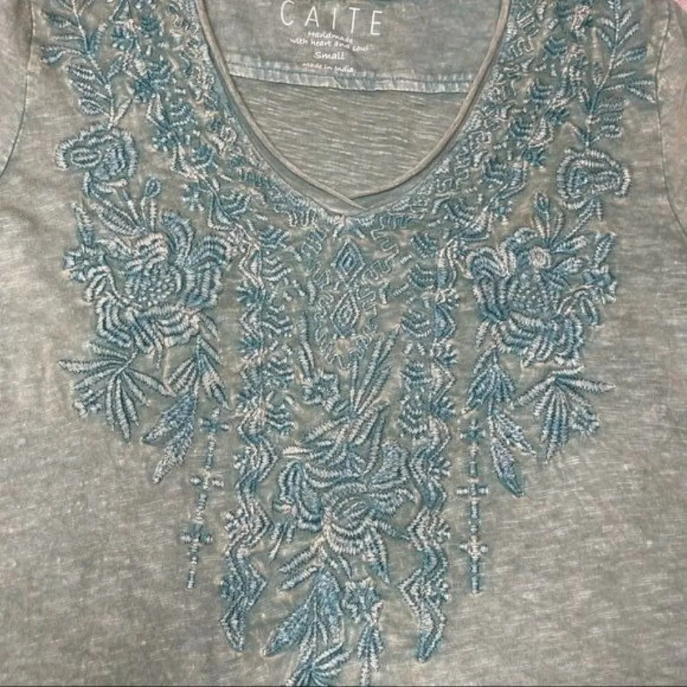 NWOT cotton Caite floral embroidered hand dyed t shirt oversized beach style sm Green - Image 2