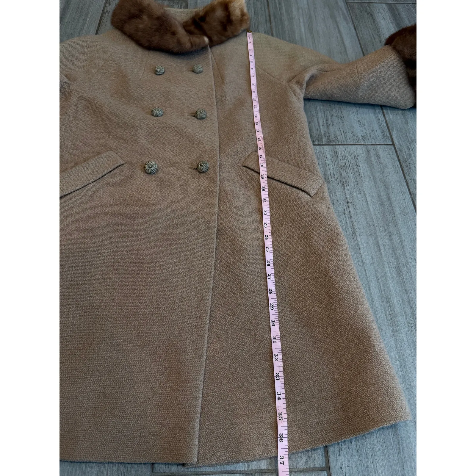 Vintage David Crystal Wool Coat Womens L Camel Fur Trim Double Breasted Luxe Tan Size L - Image 10