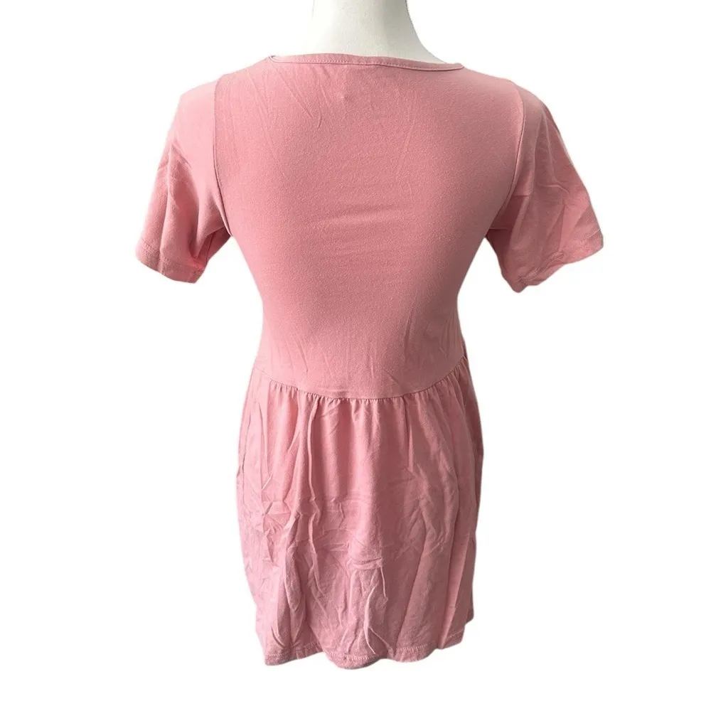 Casual‎ Pink Short Sleeve Mini Dress with Scoop Neck Everyday Basic Style - Image 2