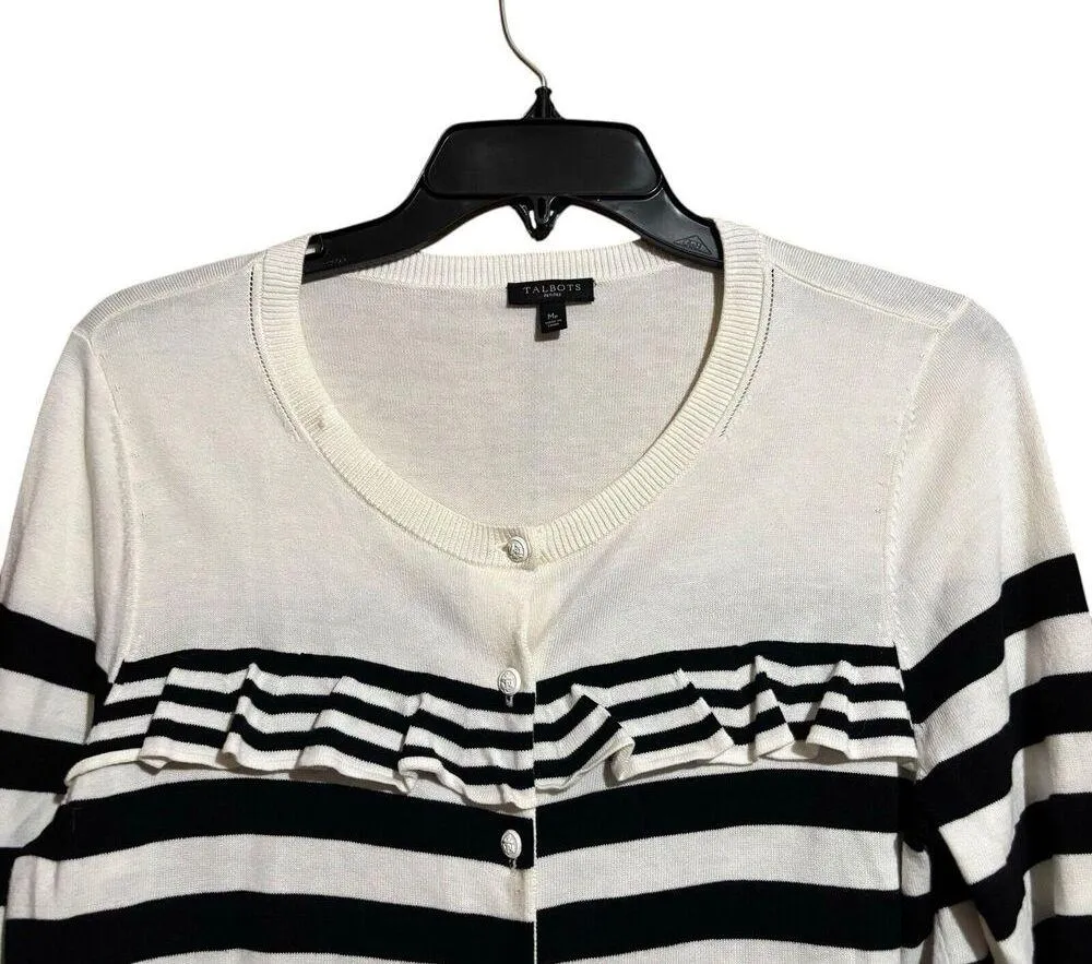 Talbots Cardigan Womens Medium Petite Black White Stripe Ruffle Button Sweater - Image 2