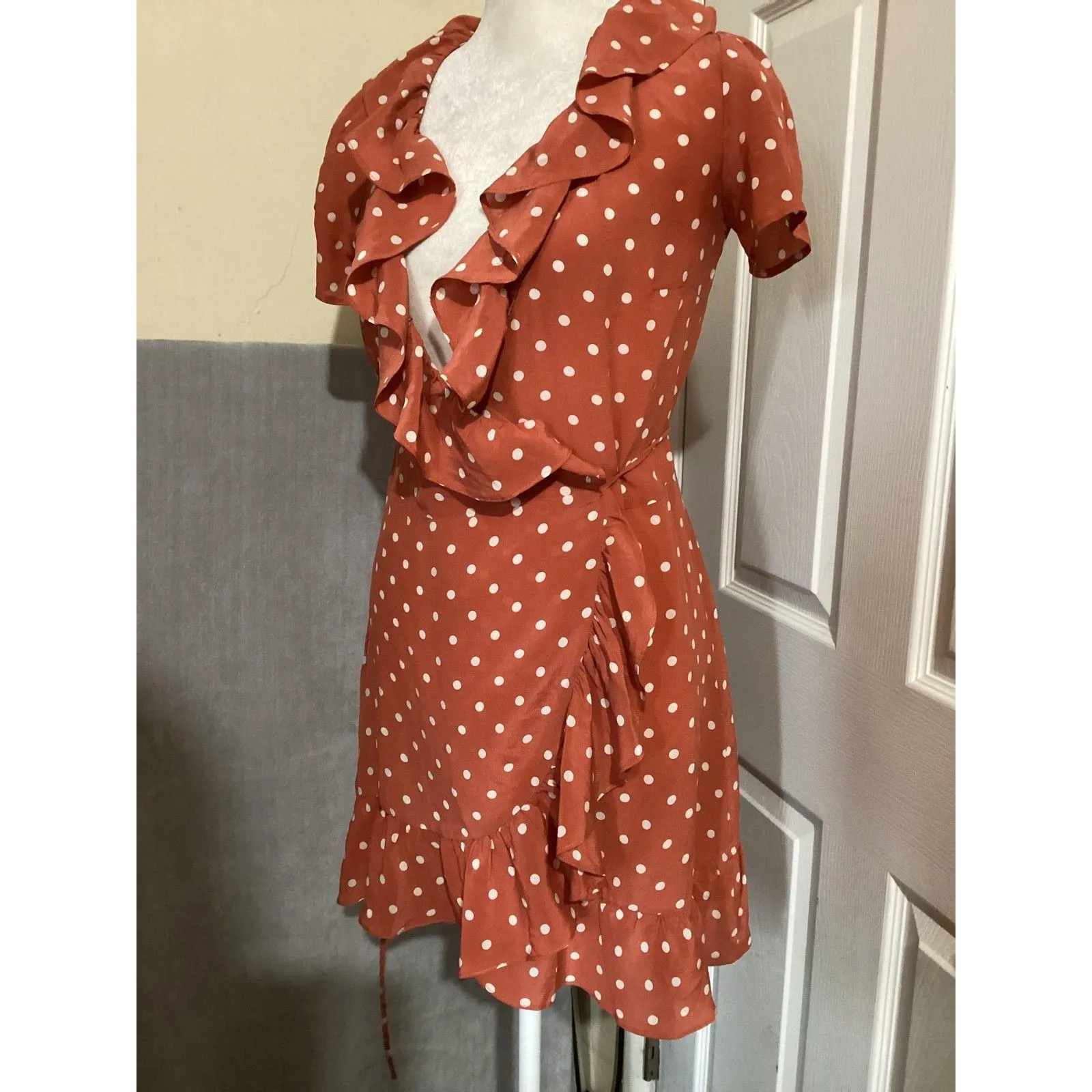 Realisation Par Dress Womens XXS Rust White Polka Dot Silk Wrap Ruffle Mini Orange - Image 2