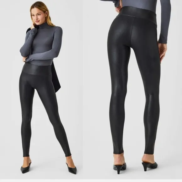 Spanx Leggings Womens Medium Black Faux Leather High Rise Shaping Stretchy - Image 2