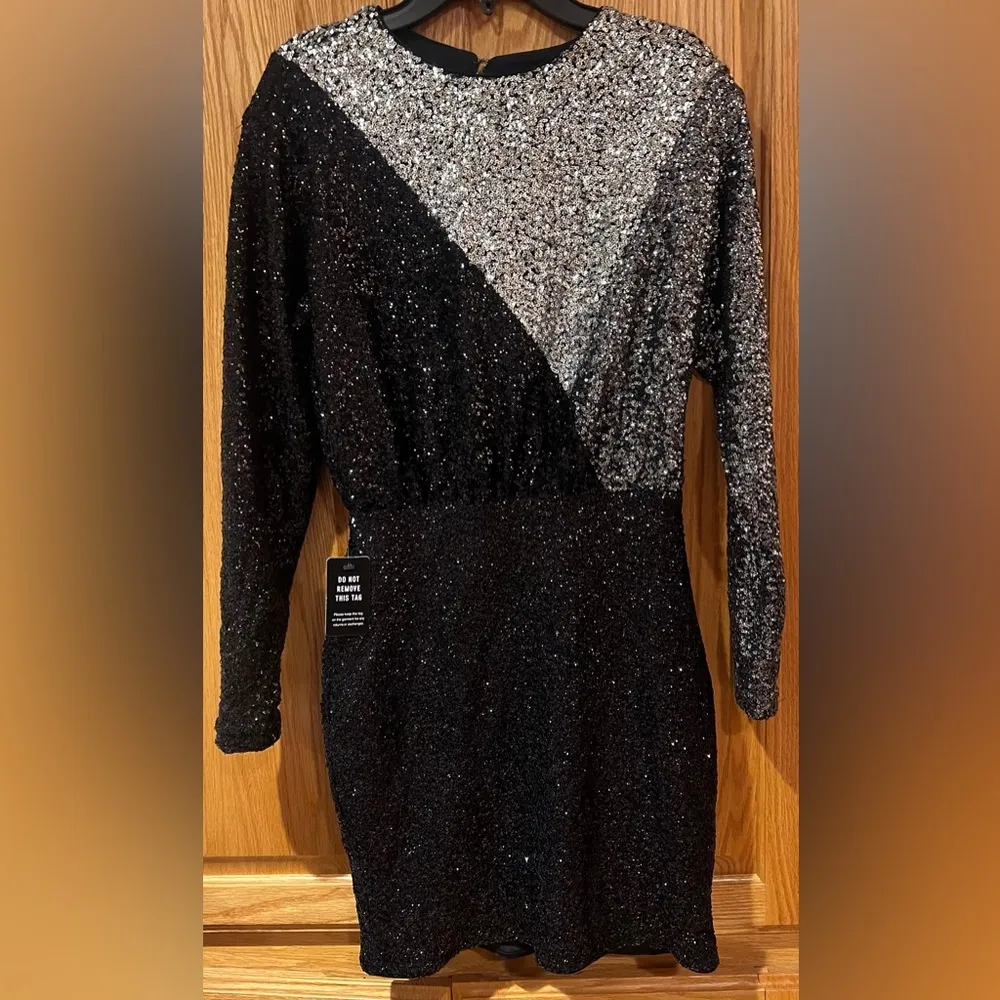Express Color Block Sequin Strong Shoulder Long Sleeve Mini Cocktail Dress Sz XS - Image 7