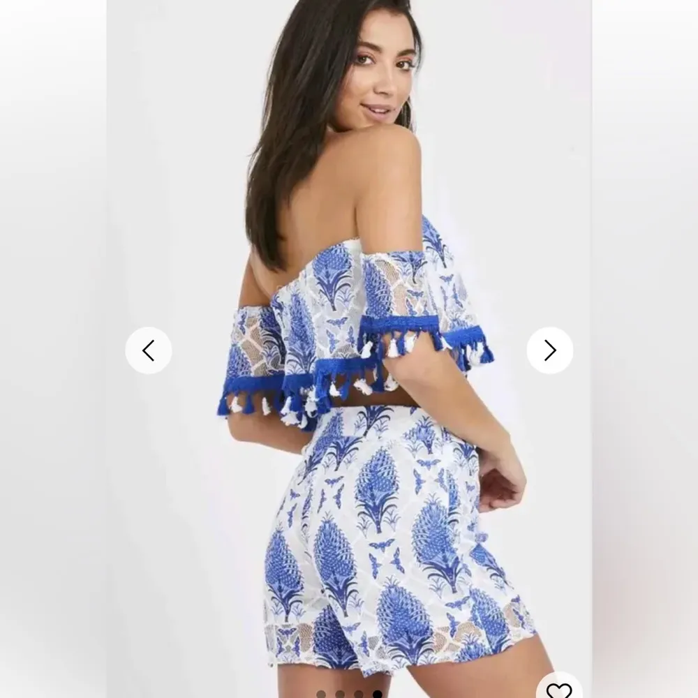 Parisian Collection Blue Fringe Off Shoulder Tassle Short Cropped Set 8-10 - Image 2