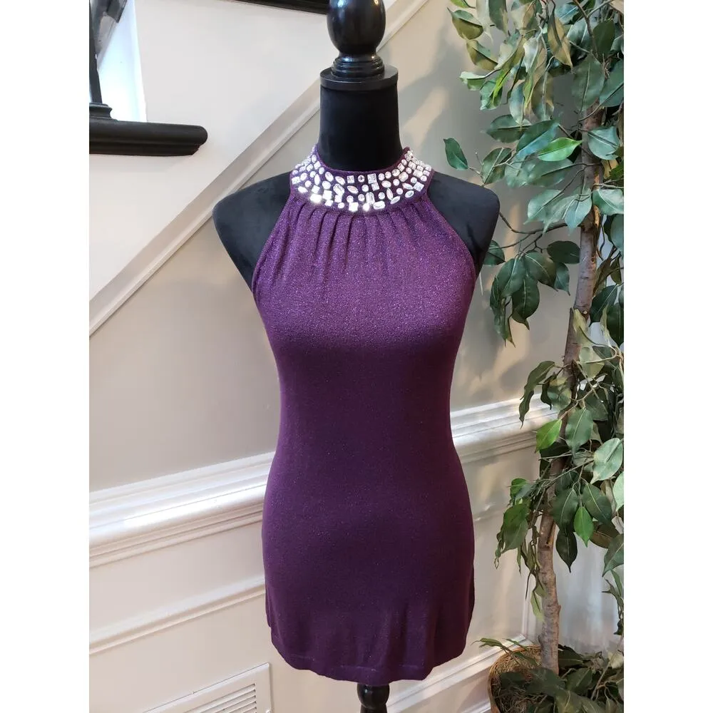 Joseph A. Purple Halter Top L Jewel Neckline Sparkle Bodycon Evening - Image 2