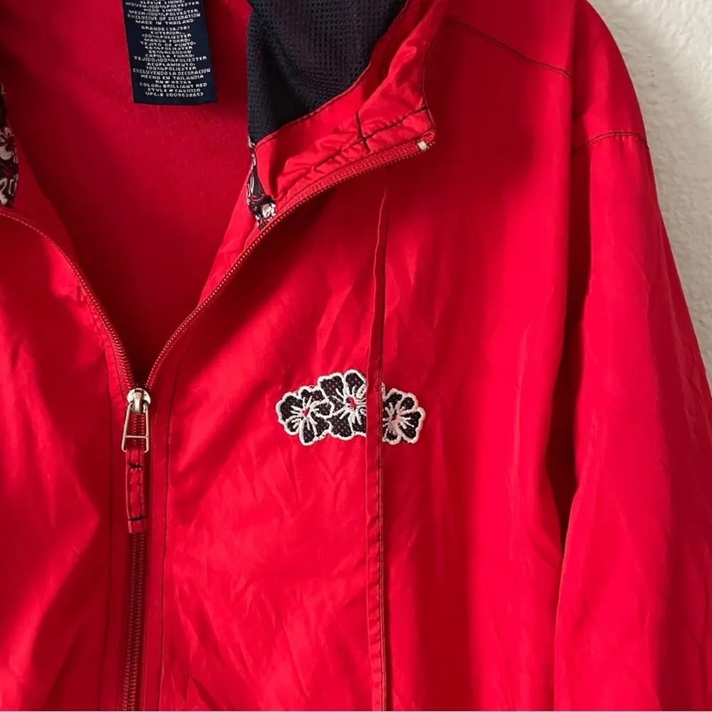 Vintage Windbreaker Red & Navy with Floral Detailing and Hood Size Large - Image 2