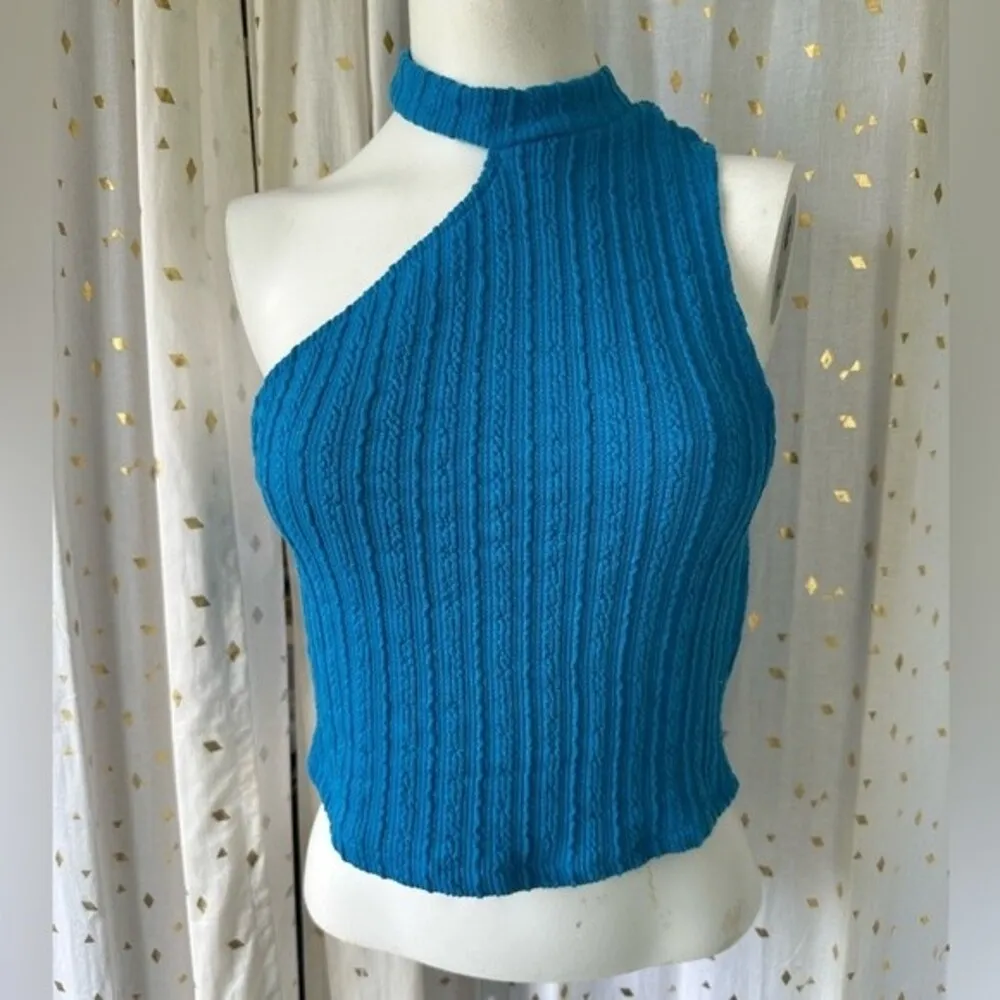 Zara NWT Women's Asymmetrical Boho Hippie Cut Out Cable Knit Blue Crop Top M - Image 6