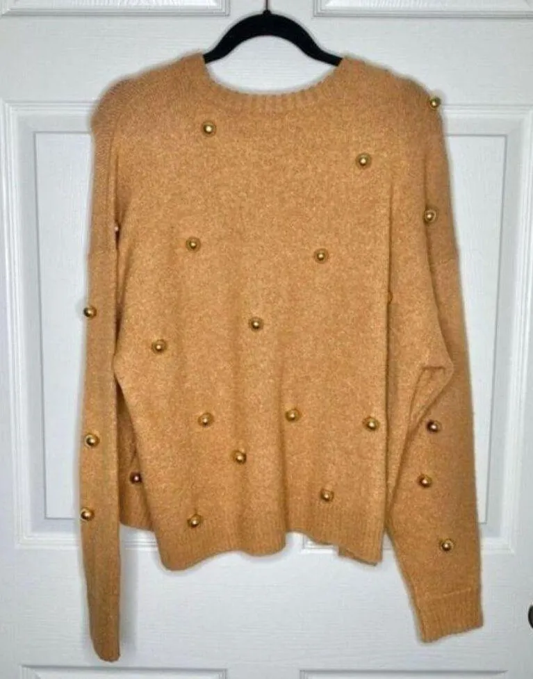Alice + Olivia Gleeson Wool Metal Ball Sweater in Tan Gold - Image 6