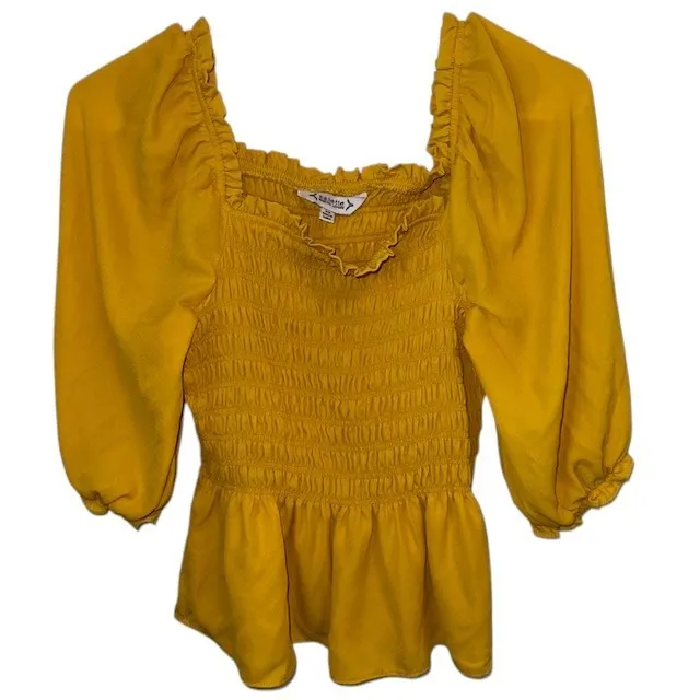 Nanette Lepore Smocked Peplum Top‎ Ruffle Square Neck Yellow Blouse Size XS - Image 5