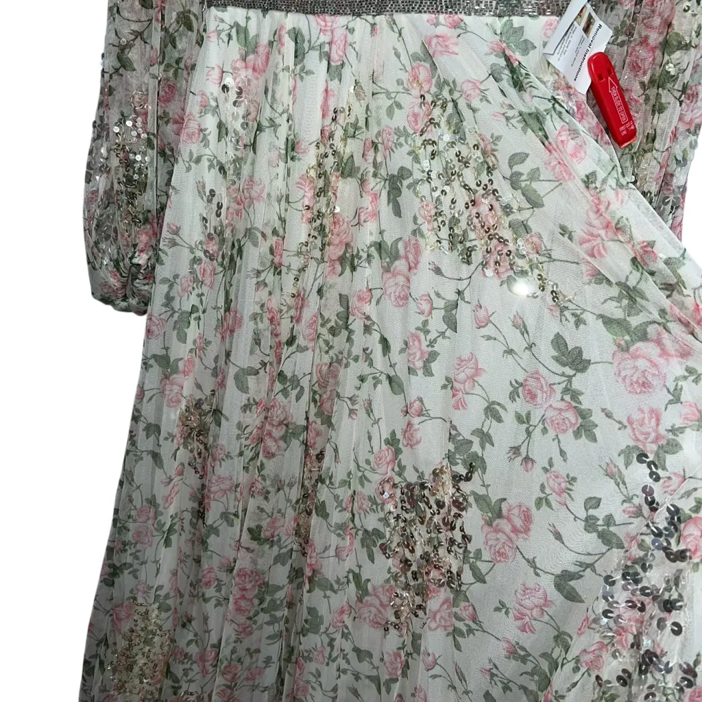 NEW NWT Mac Duggal Embellished Floral Print Faux Wrap A Line Dress White Multi - Image 7