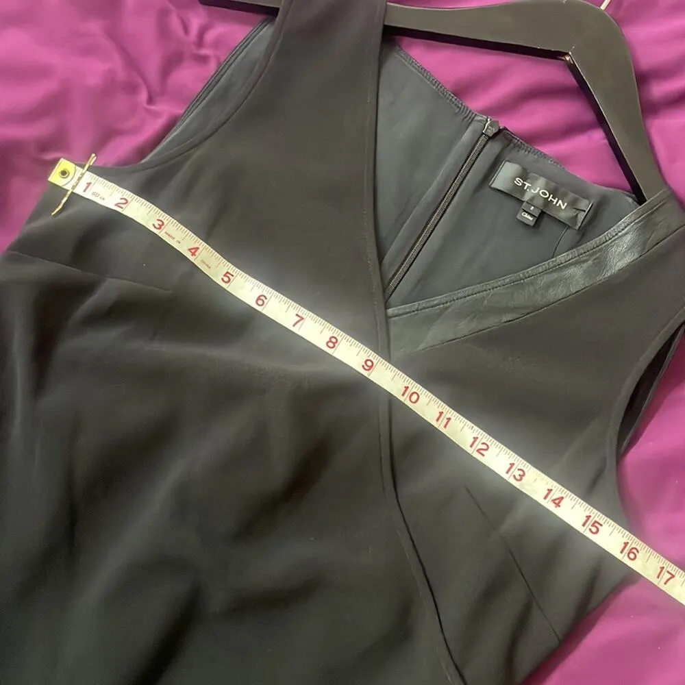 ST. JOHN $1250 Stretch Crepe Wrap Dress with Lamb Leather Trim Black Size 2 - Image 7