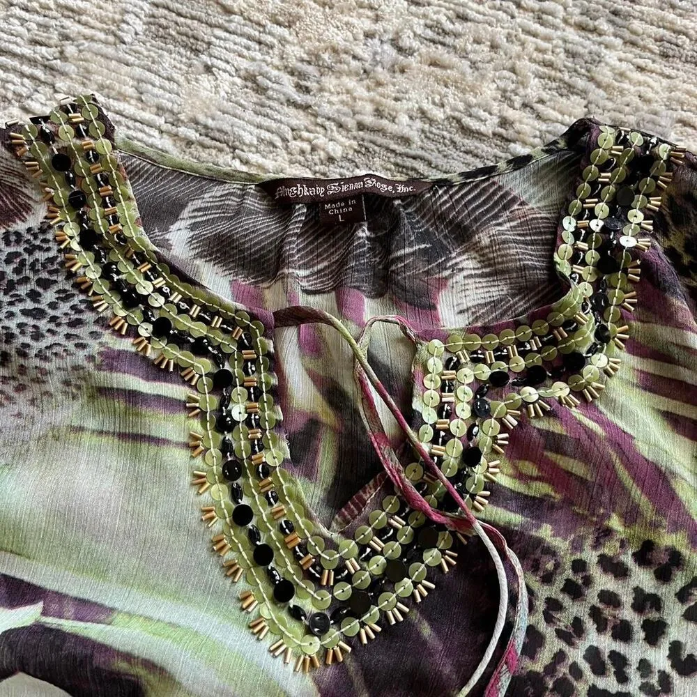 Y2K Mushka by Sienna Rose Women tropical floral & animal print sheer beaded top - Image 3