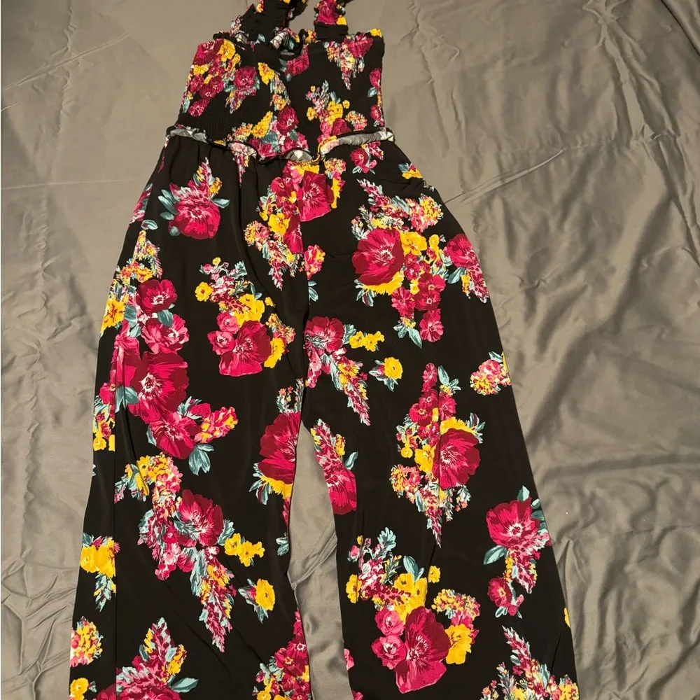 Maurices Black and Pink Floral Jumpsuit Wide-Leg Sleeveless - Image 2
