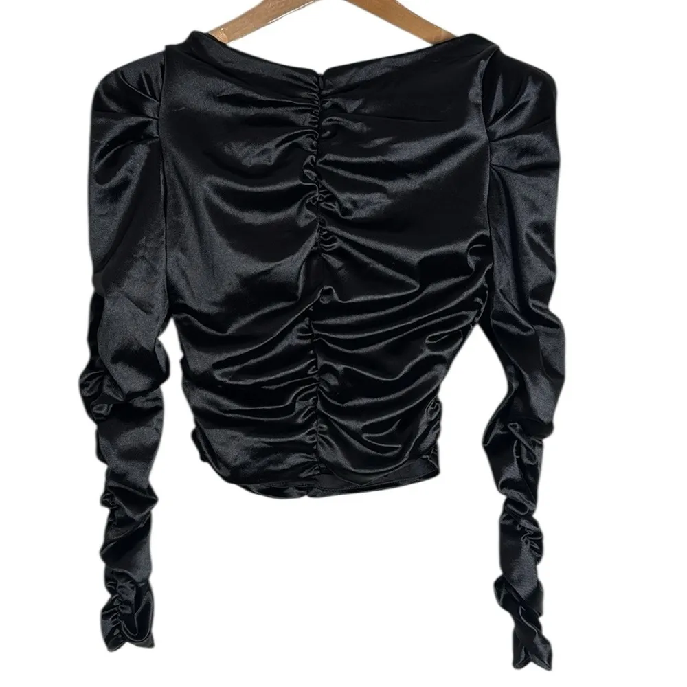 H&M Satin Black Puff Long Sleeve Ruched Gathered Boatneck Party top Size S - Image 3