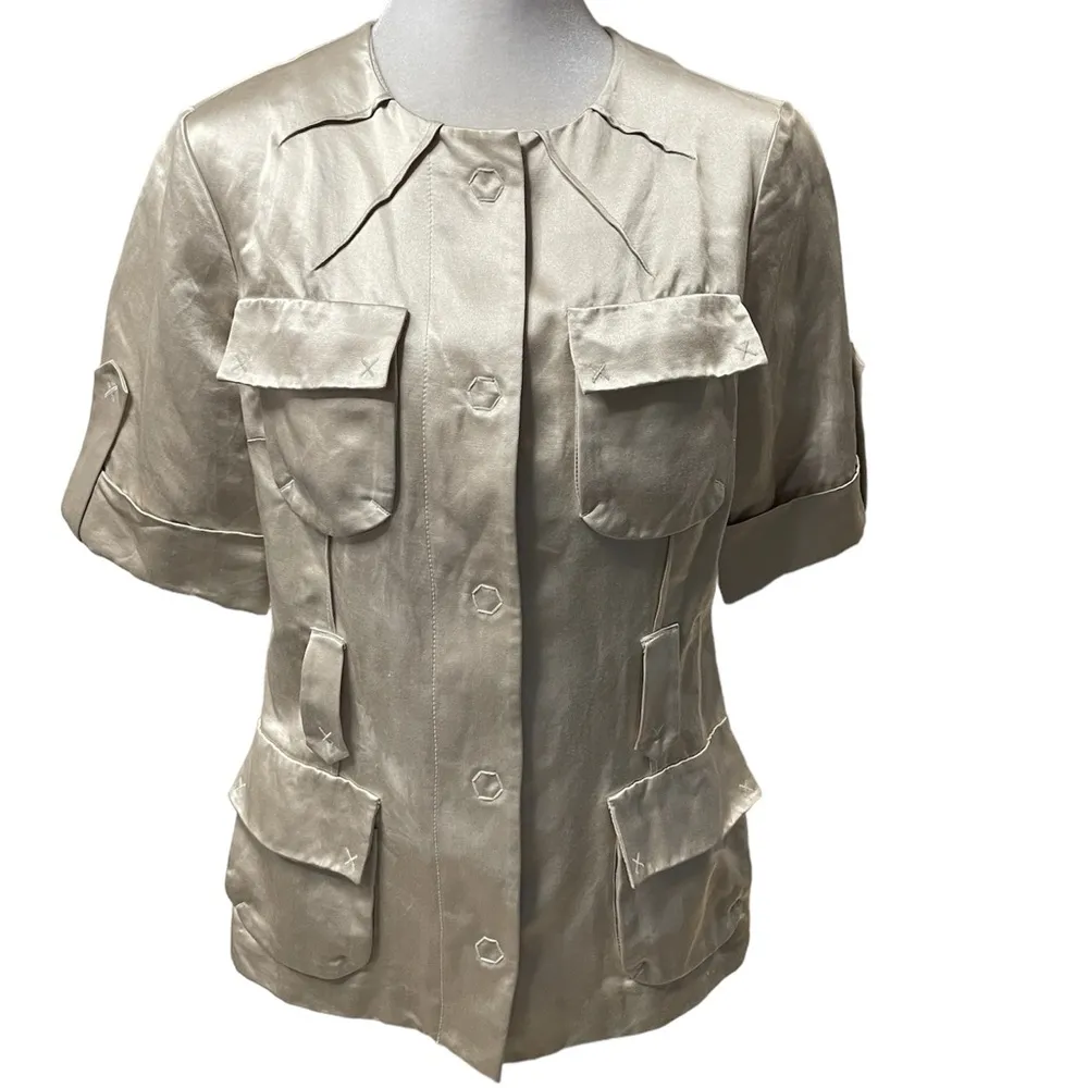 Rickie Freeman Teri Jon Beige Women's Silk Blend Short Sleeve Blouse Size 6 - Image 3