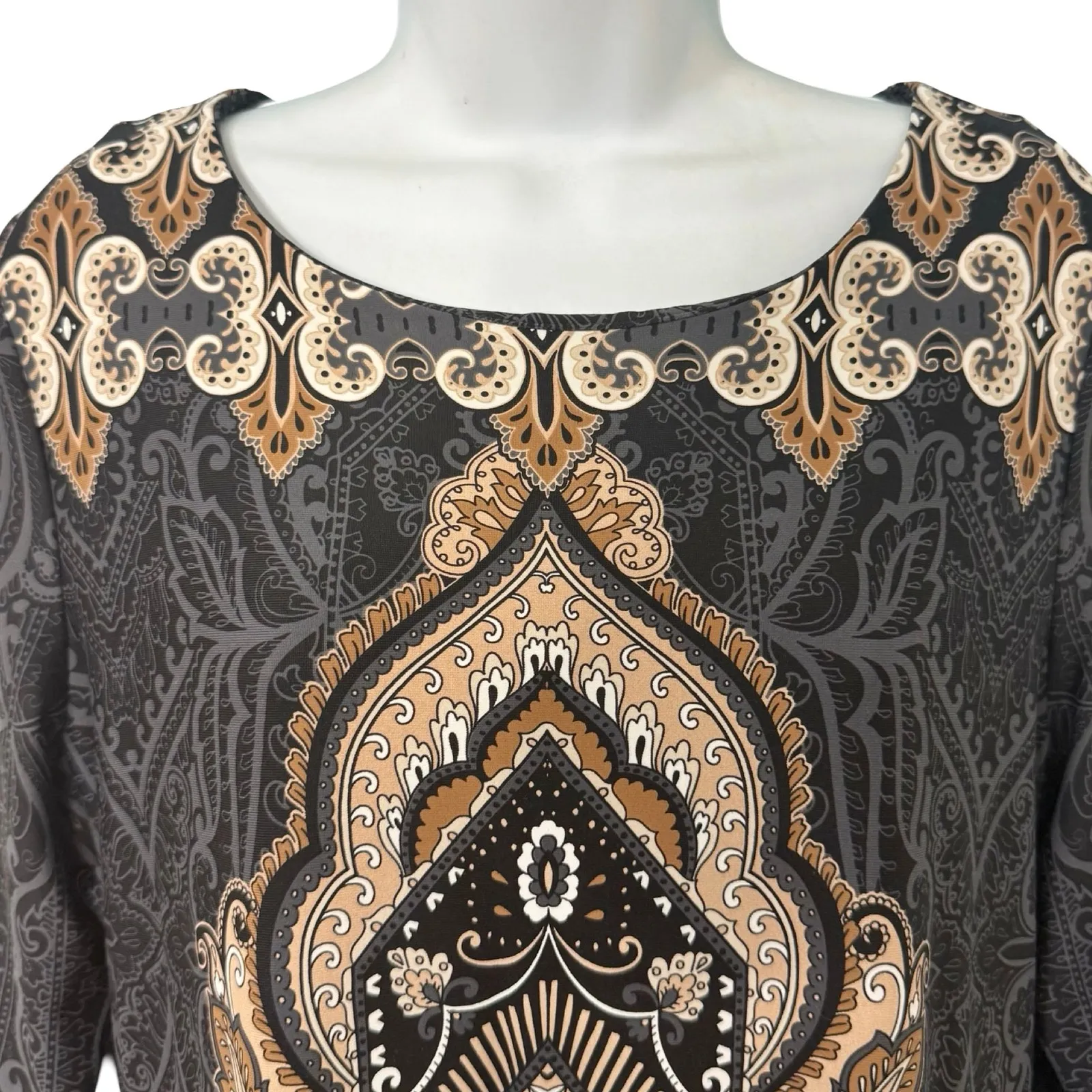 Charter Club Gray Brown Cream Filigree 3/4 Sleeve Sheath Dress Petite size L PL - Image 8