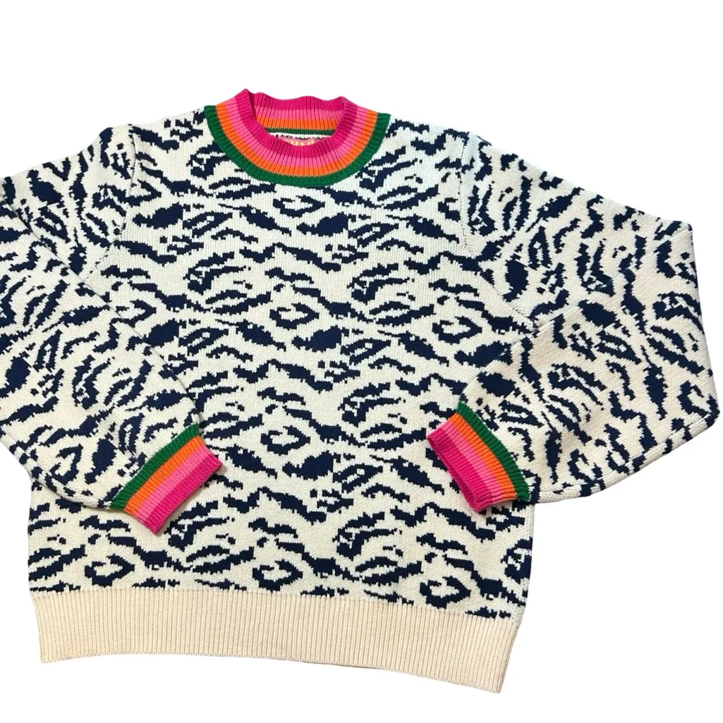 Anthropologie THML Navy Leopard Rainbow Stripe Sweater | XL | 🐆✨🌈 - Image 5