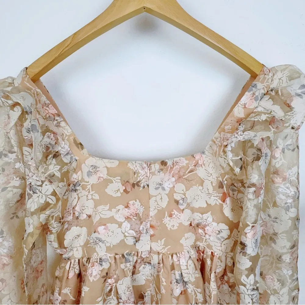 NWT En Saison Chaumont Floral Print Puff Sleeve Mini Dress in Orange Multi Small Tan - Image 8