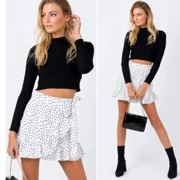 Princess Polly Polka Dot Ruffle Fluted White/Black Mini Skirt - Image 2