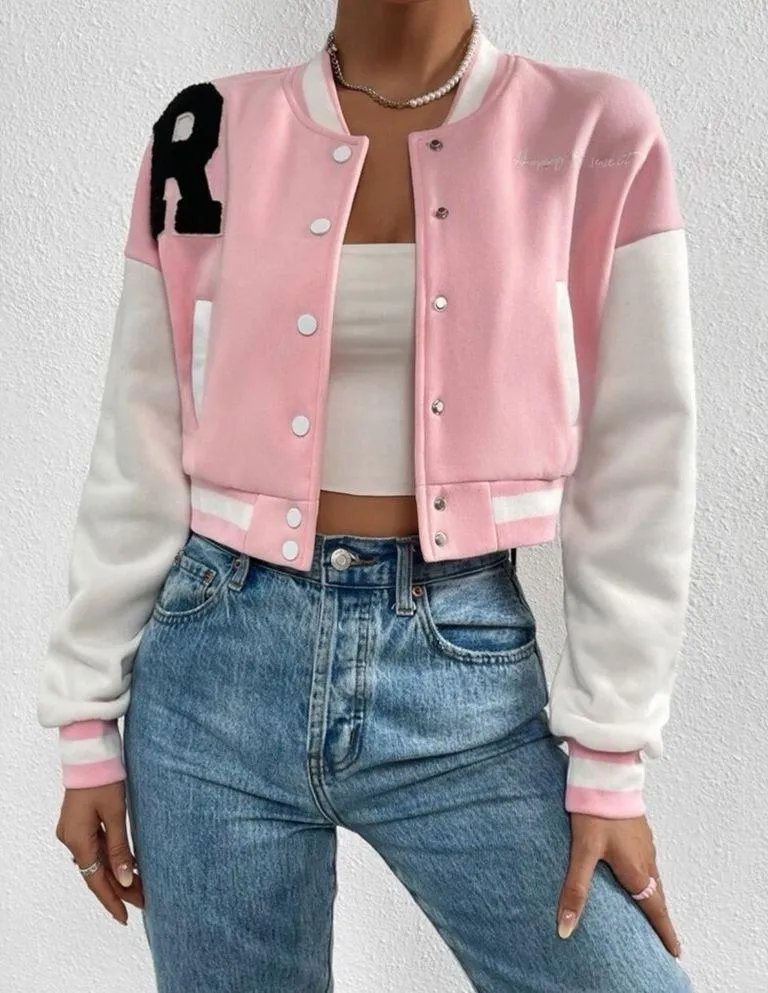 Slogan Embroidery Drop Shoulder Color Block  Jacket - Image 3