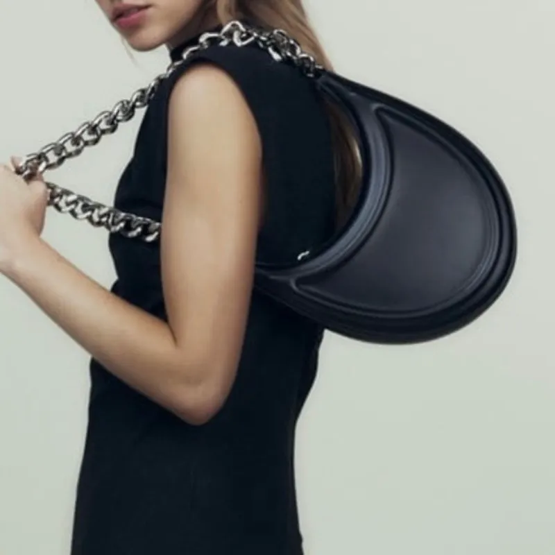 ZARA | Half Moon Chunky Chain Strap Shoulder Bag Black Purse Smooth Leather - Image 2