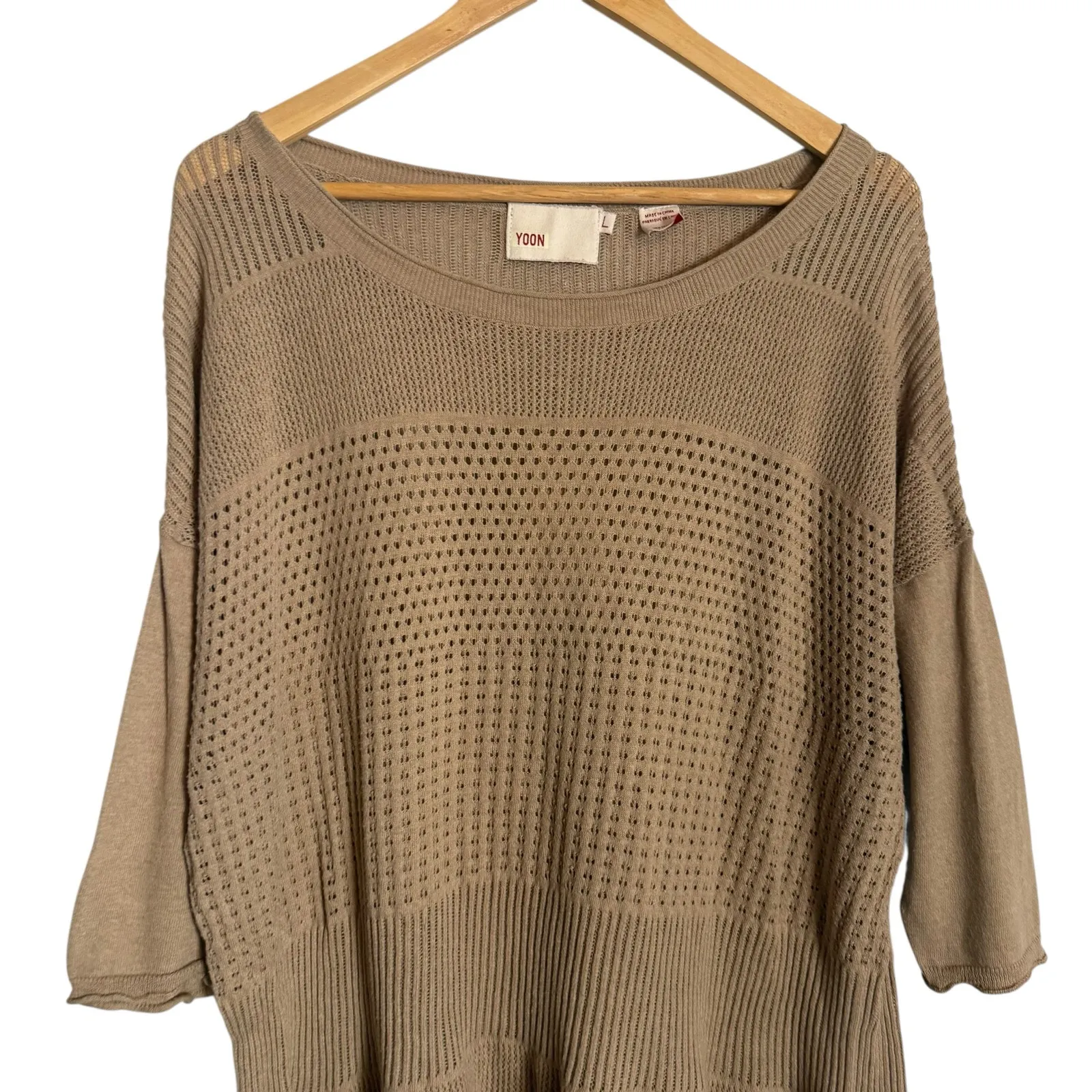 Yoon Beige Cotton Cashmere Blend Pointelle Knit 3/4 Sleeve Tunic Sweater Size L Brown Size L - Image 3
