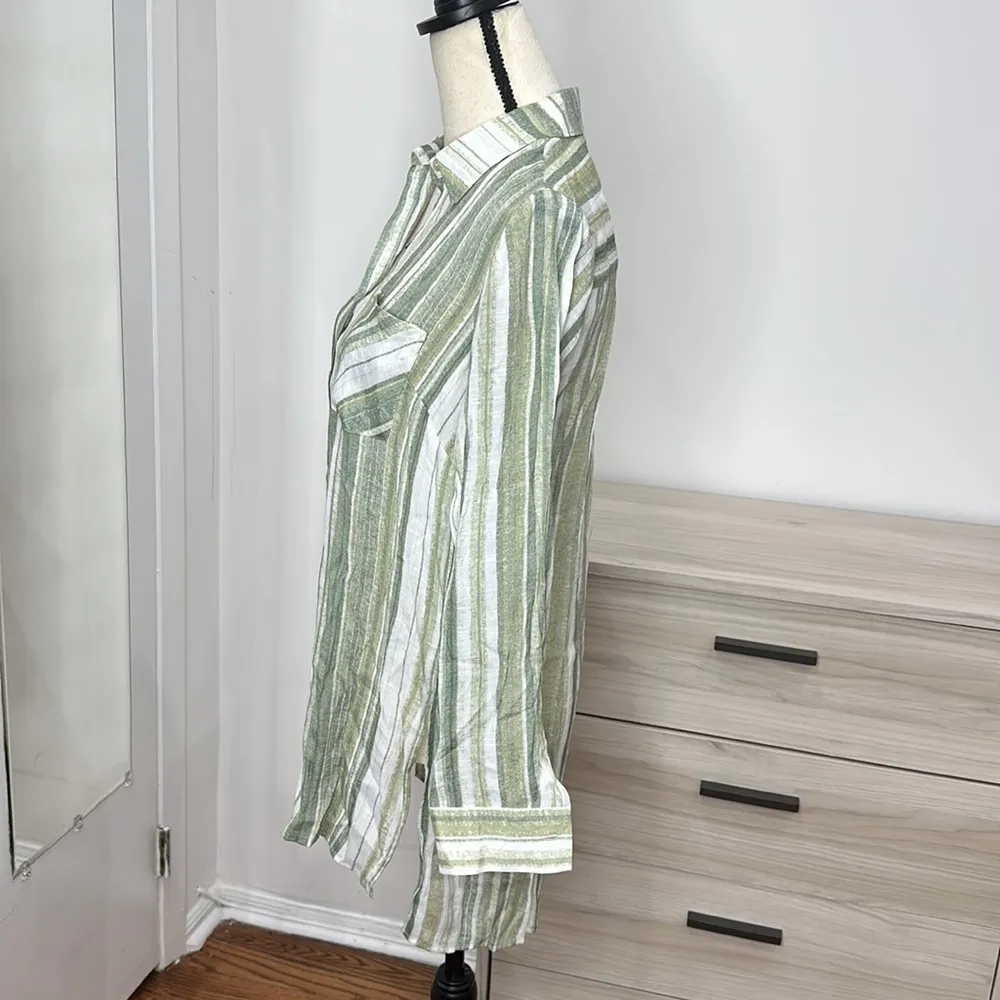 Nanette Lepore Size Small Button Up Tunic Shirt Green Striped Long Sleeve I094 - Image 3