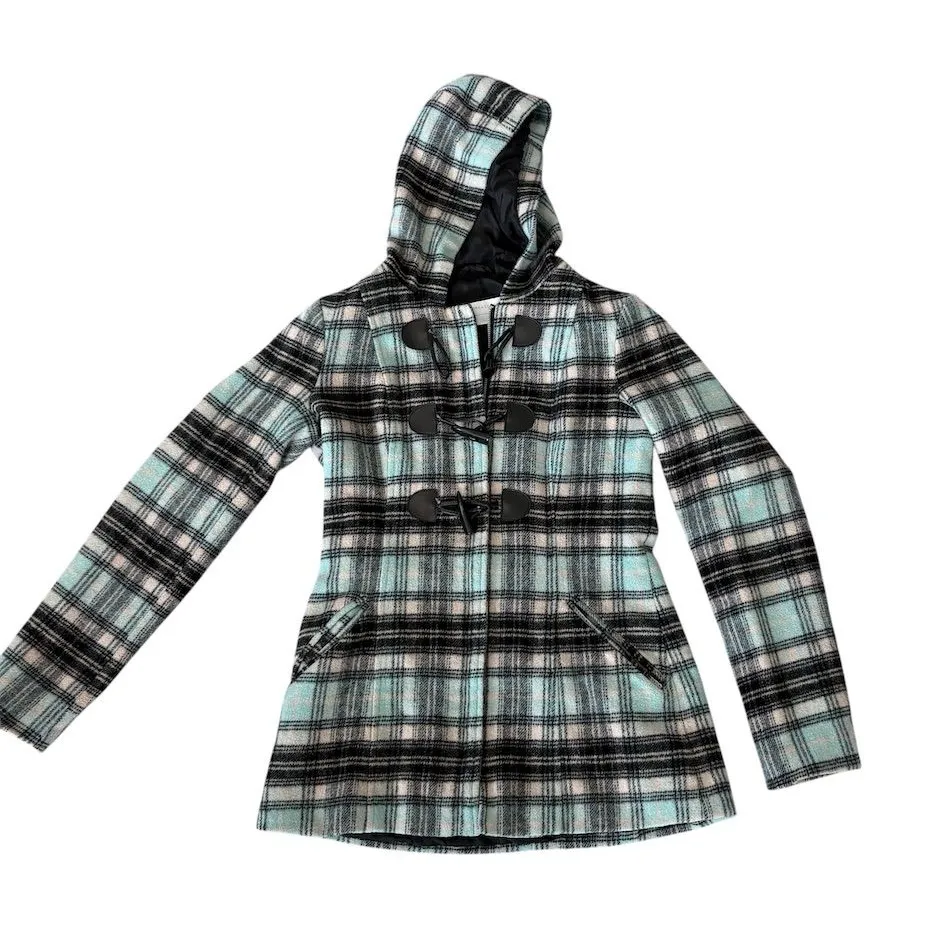 New York & Company Women's Wool Plaid Toggle Coat XS Multicolor Casual Black - Image 1