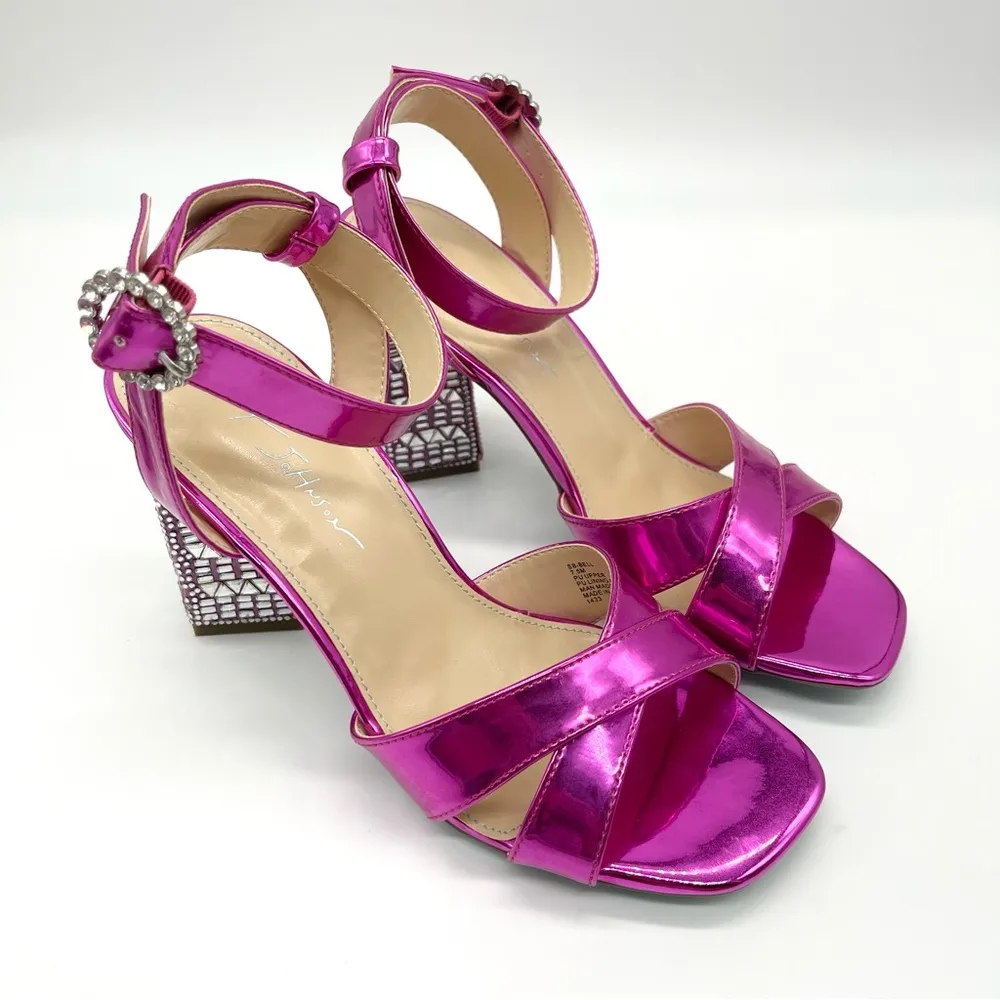 Betsey Johnson Women's Bell Heel Fuchsia Patent Silver Strappy Dressy Sandal 7.5 - Image 10