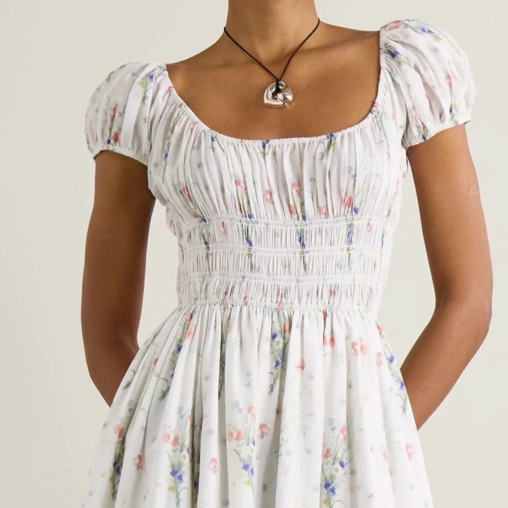 DOEN NWT Quinley Dress in Painted Bouquet Floral PuffSleeve Midi Dress L Large White - Image 3