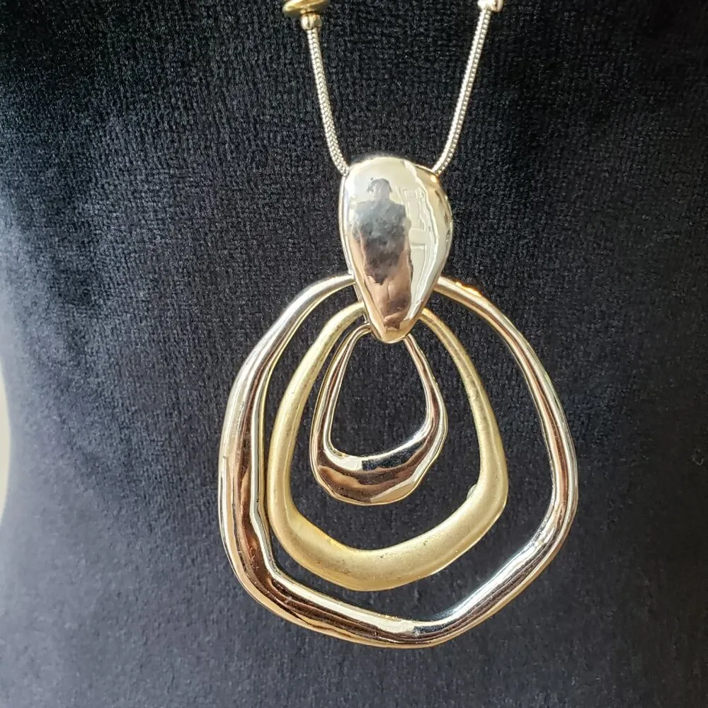 Womens Multi Tone Pewter Irregular Hammered Loops Pendant Necklace with Lobster Gold - Image 2