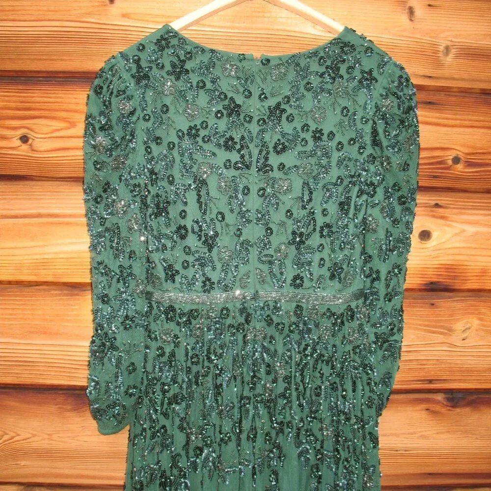 Mac Duggal 5497  Womens Green Embellished V Neck 3/4 Sleeve A Line Gown Regular - Image 12