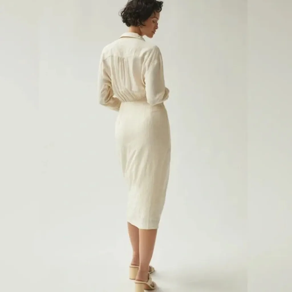 NWT Anthropologie V Neck Knot Front Long Sleeve Faux
Wrap Midi Dress Ivory Linen - Image 4