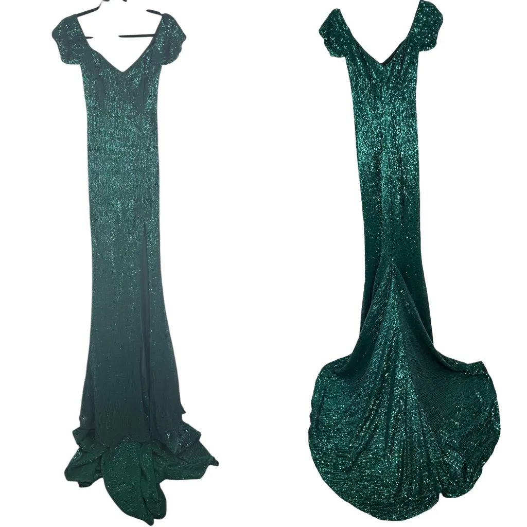 ABYSS BY ABBY Boston Gown Green‎ Sequins Off Shoulder Long Train Pageant Small S - Image 2